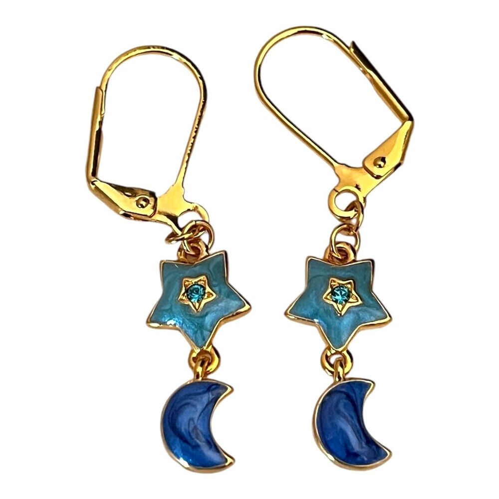 New Joan Rivers Earrings Celestial Star Moon Gold Plated Enamel Crystal - 2D